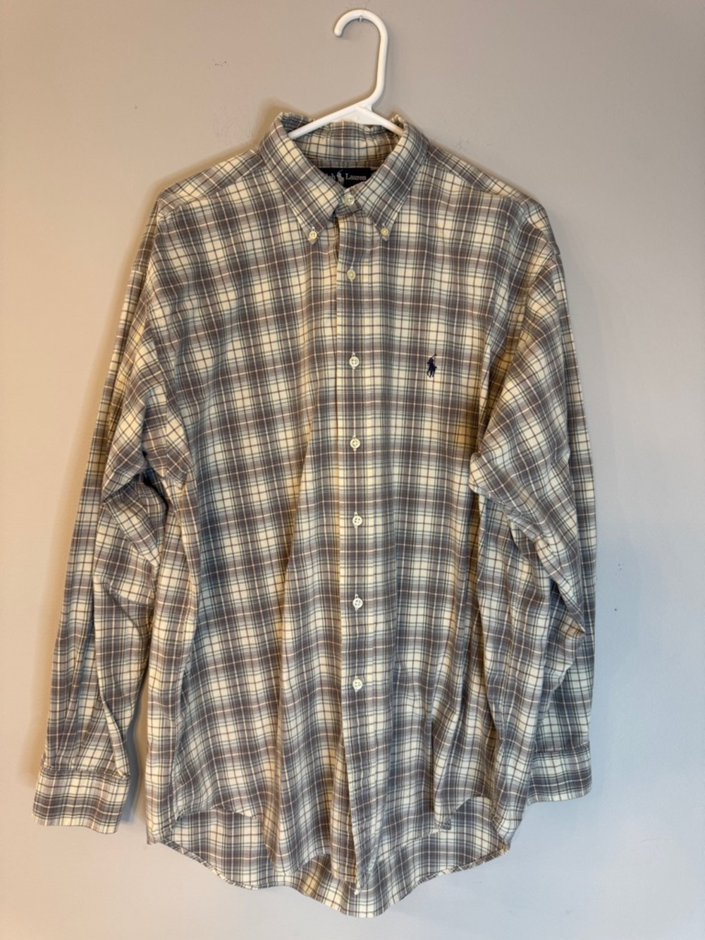 Ralph Lauren Men's Plaid Button-Down Shirt in Beige and Gray